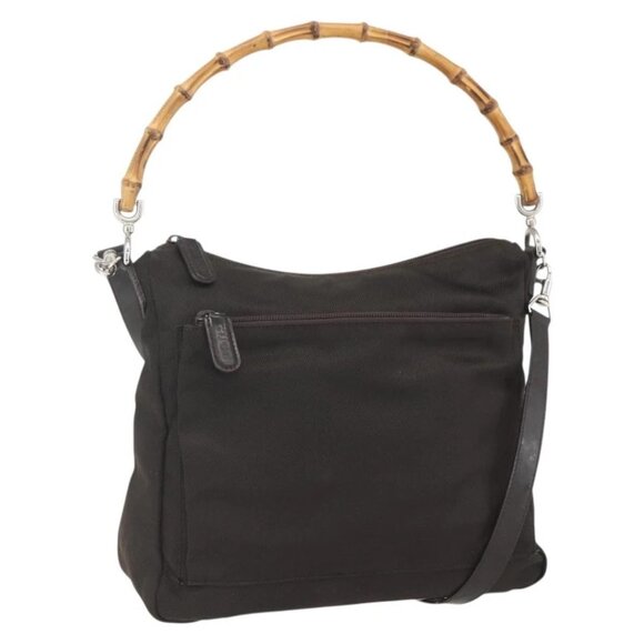 GUCCI Bamboo Shoulder Bag Nylon 2way Brown Silver Auth 151470